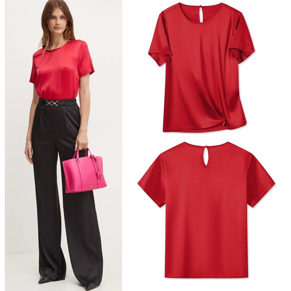 Vintage Red Blouse 90s Y2K USA Short Sleeve Key Hole Back Minimalist Size Small